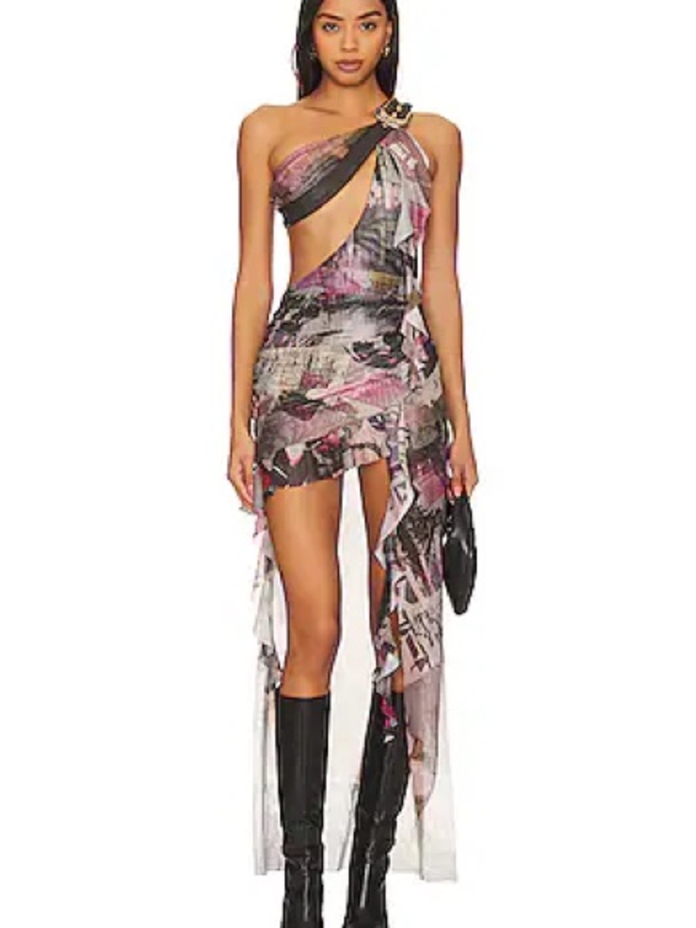 Jaded London Pink and Black Asymmetrical One-Shoulder Cutout Dress